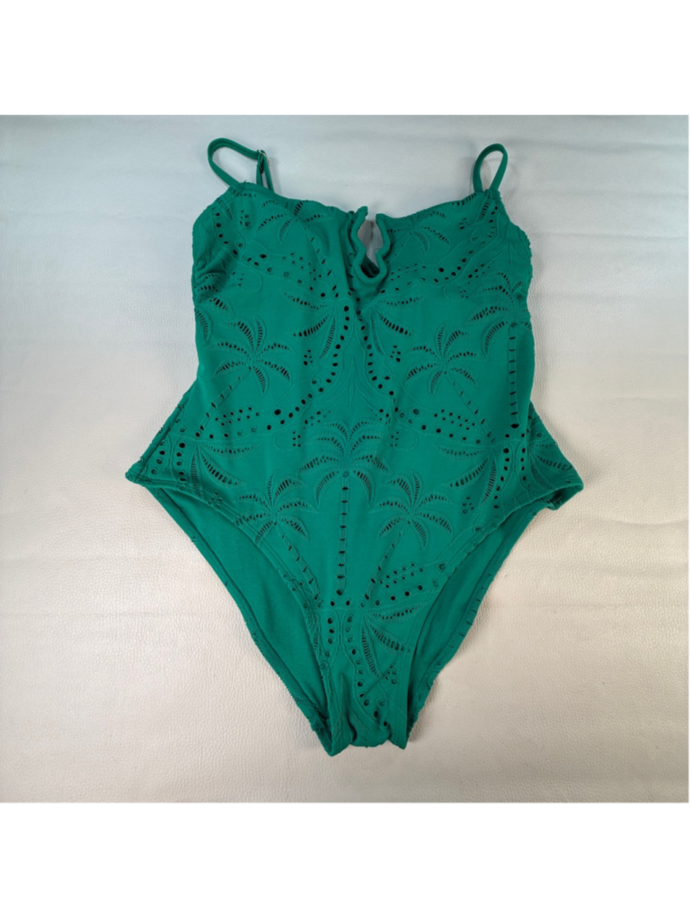 Time and Tru One Piece Swimsuit Womens L 12-14 Green Eyelet Palm Tree Cutout